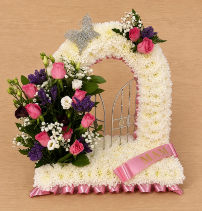 Gates Of Heaven - Absolutely stunning funeral tribute, the gates of heaven. this is based in white and customer may choose a colour preference for ribbon and top spray, please include this in the special request section.