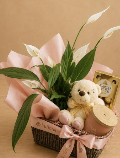 Peace Lily Gift Set - A beautiful gift hamper packed with a peace lily plant, small box of ferrero rochers, candle and teddy bear.